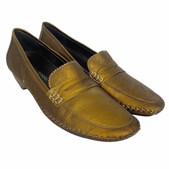 PETRA Donald J Pliner Bronze Metallic Leather Slip On Heeled Loafer - Picture 8 of 12